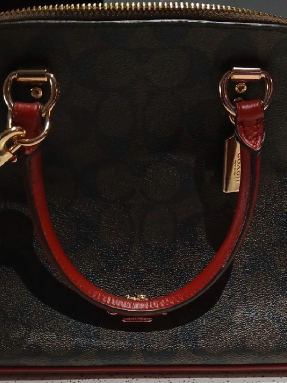 Coach Brown Signature Dome Satchel with Red Handles and Trim - Picture 4 of 11